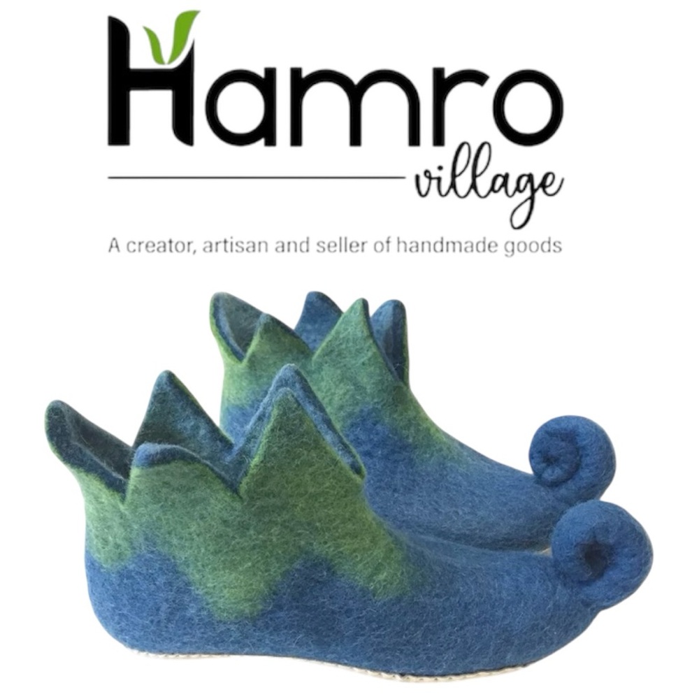 Hamro Village Felt Elf Shoes in Blue and Green